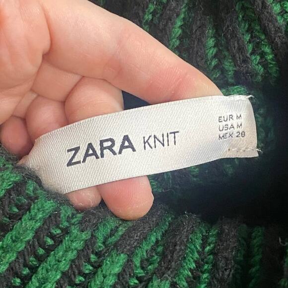 Zara knit Green Black Striped Turtleneck Sweater Size Med - Picture 5 of 6